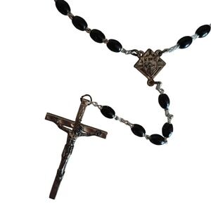 Silver Tone Black Bead Rosary‎ Necklace Crucifix Jesus Made in Italy Religious